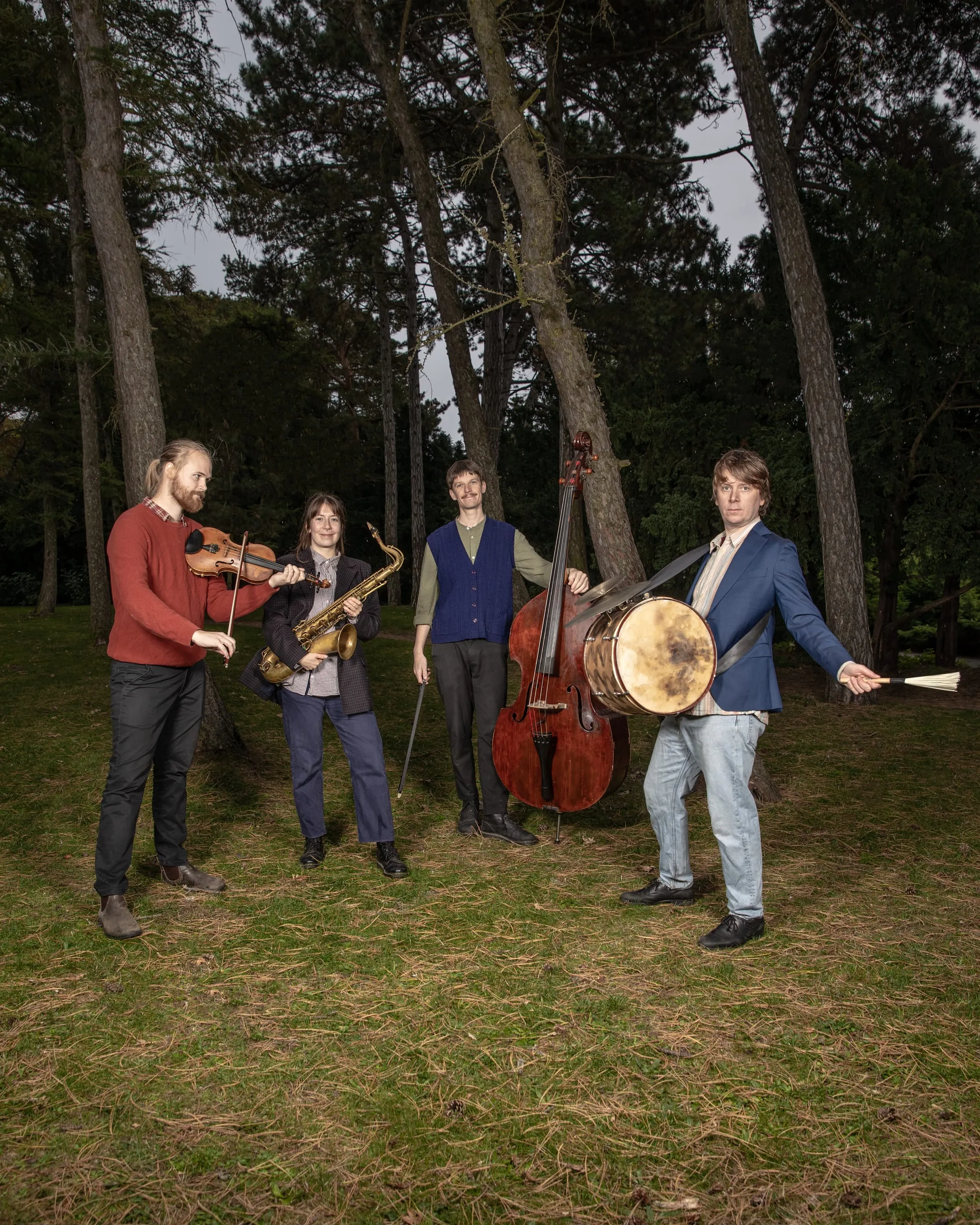 The band playing among tall pine trees.
